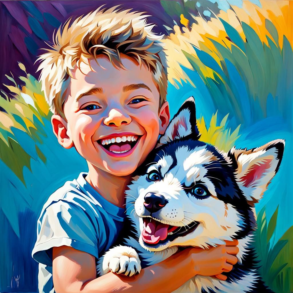 Boy with Puppy: Neo-Impressionist Expressionist Oil Painting