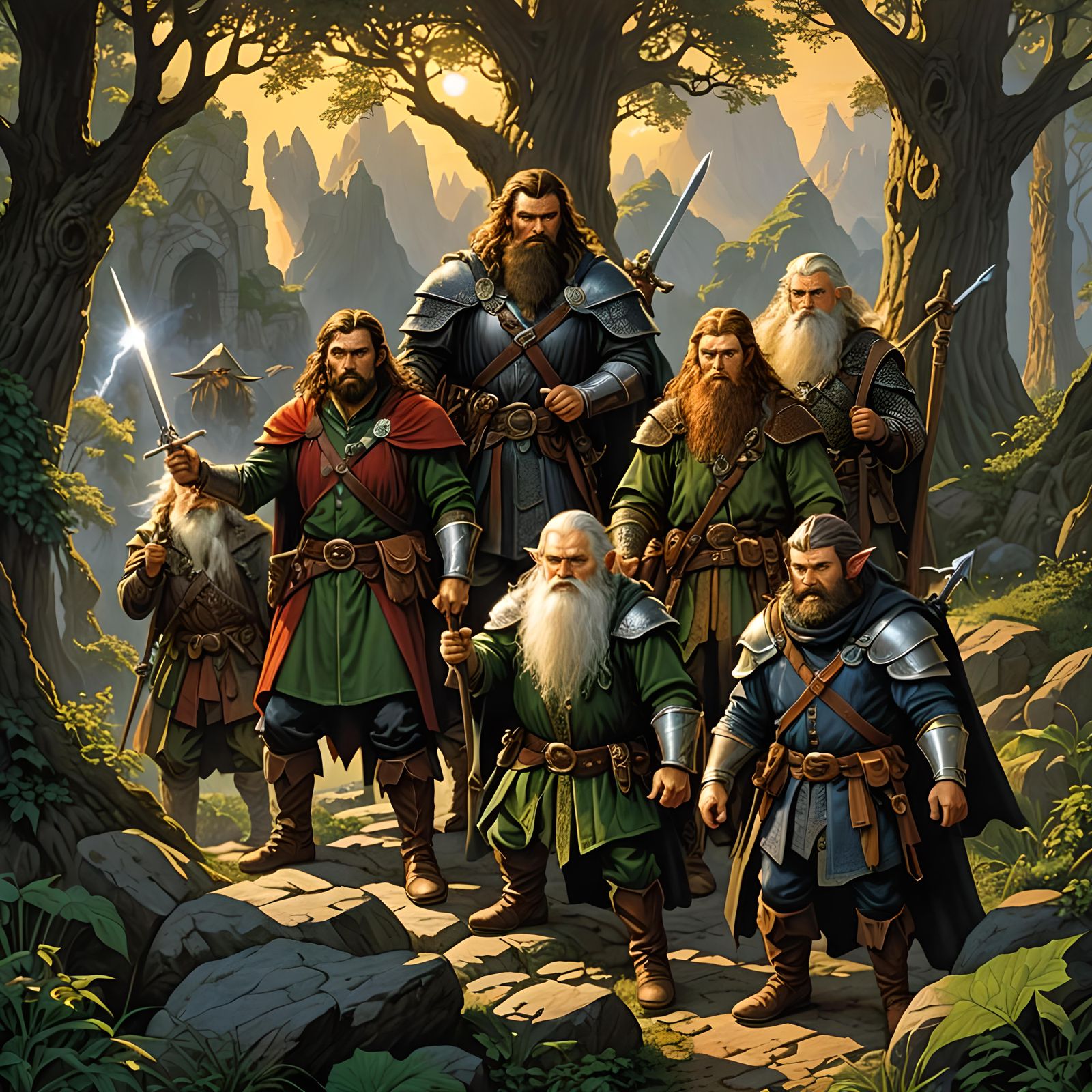 A classic dungeons & dragons adventuring party, an elf, a dw...