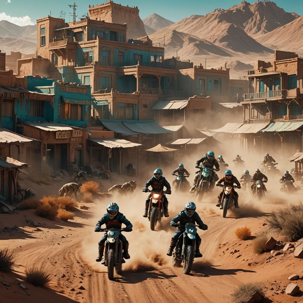 Dirtbikes Escape Wolves in Fantasy Desert Landscape
