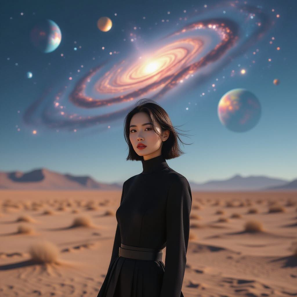 Enigmatic Model on Alien World Under Cosmic Sky