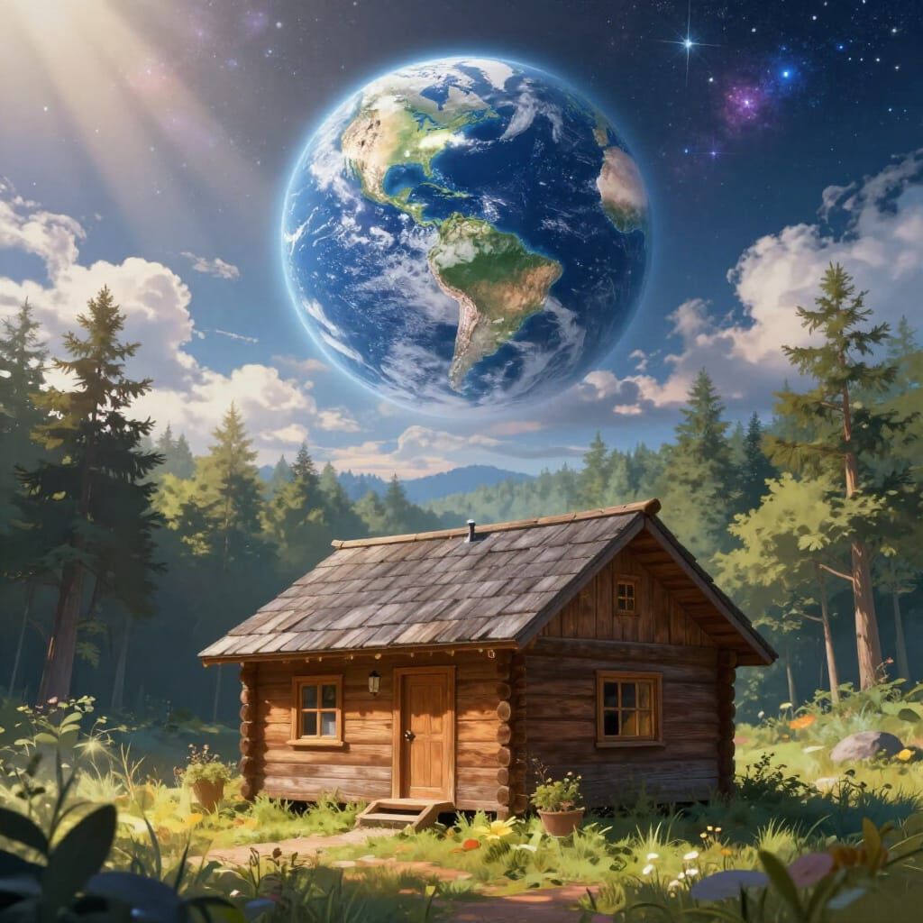 Surreal Cabin Under Earthlit Night Sky