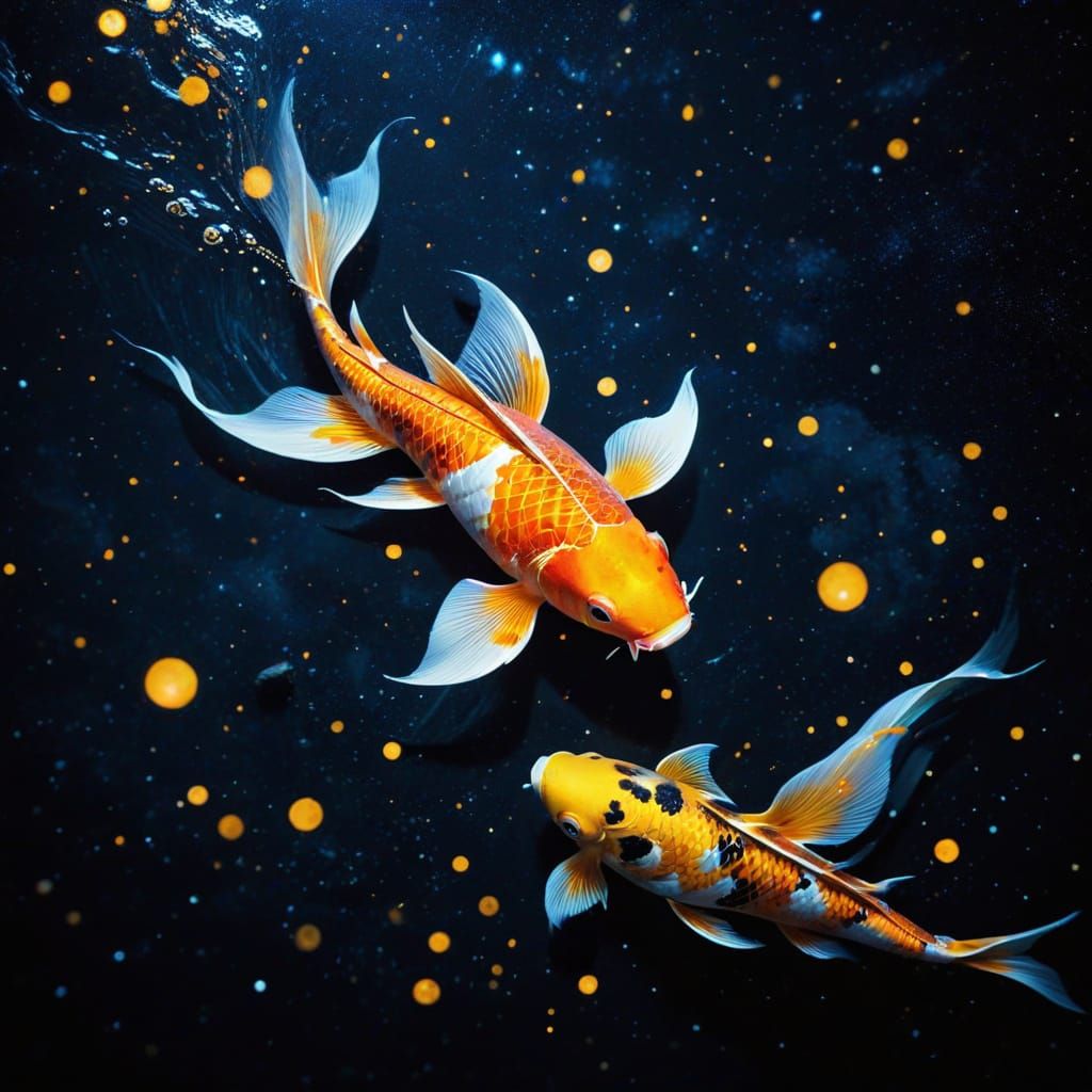 Golden Koi Fish in Psychedelic Starry Night Sky