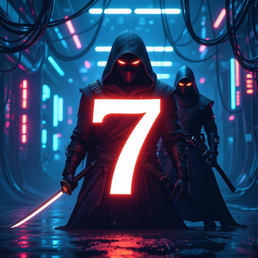 Cyberpunk Ninja with Glowing Number Seven