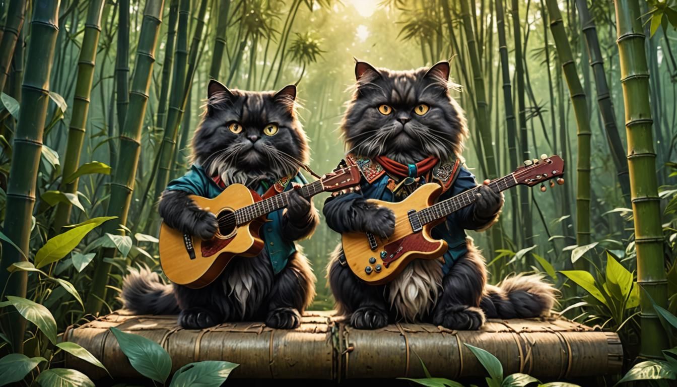 Cats Playing Music in Bamboo Forest
