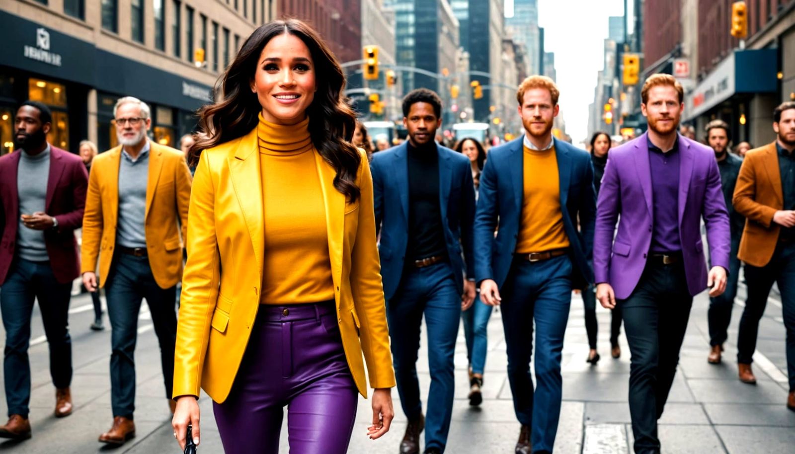 Meghan Markle as Lois Lane in a Vibrant Metropolis Scene