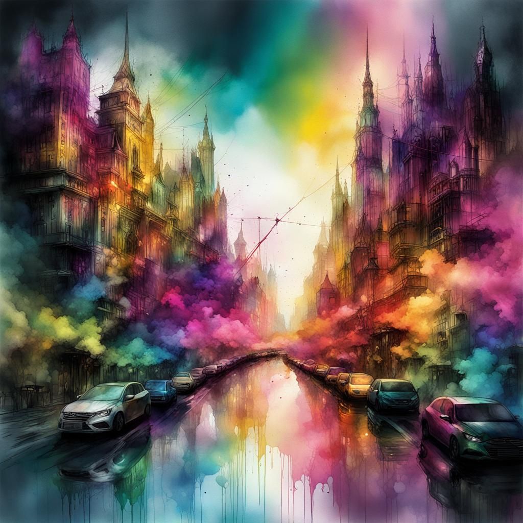 Iridescent Solarpunk City Radiance in Watercolour Style