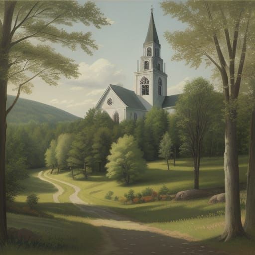 Idyllic New England Town Landscape Painting