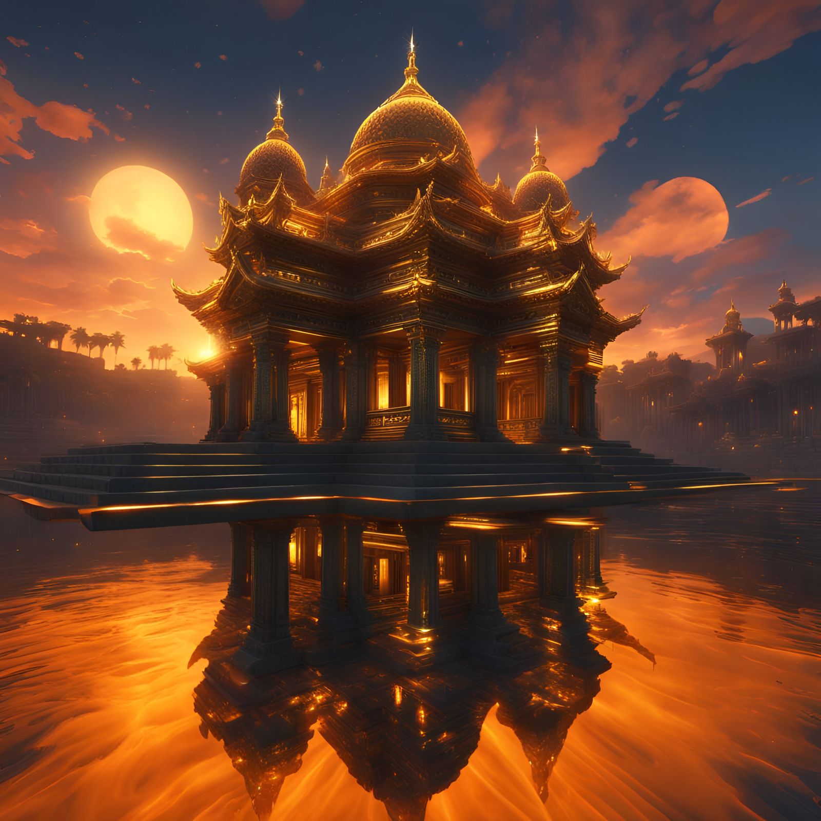Golden Temple in Luminescent Light and Metallic Fantasy
