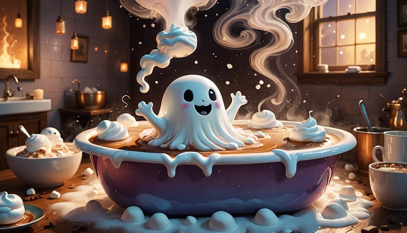 Whimsical Ghost Drawn to Hot Chocolate Tub