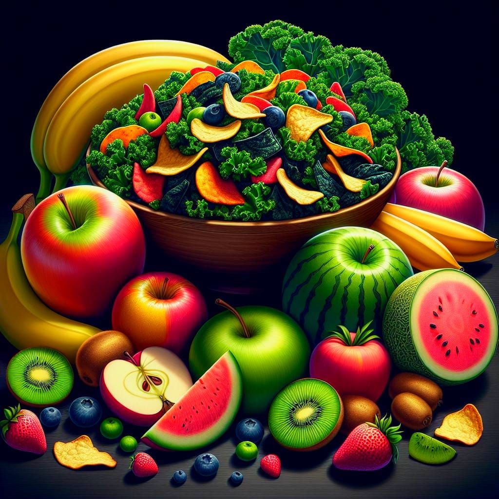 Realistic Kale Chips and Fresh Fruit Arrangement