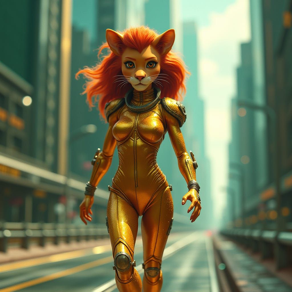 Futuristic Lioness in Spacesuit, Hyperrealistic Digital Art