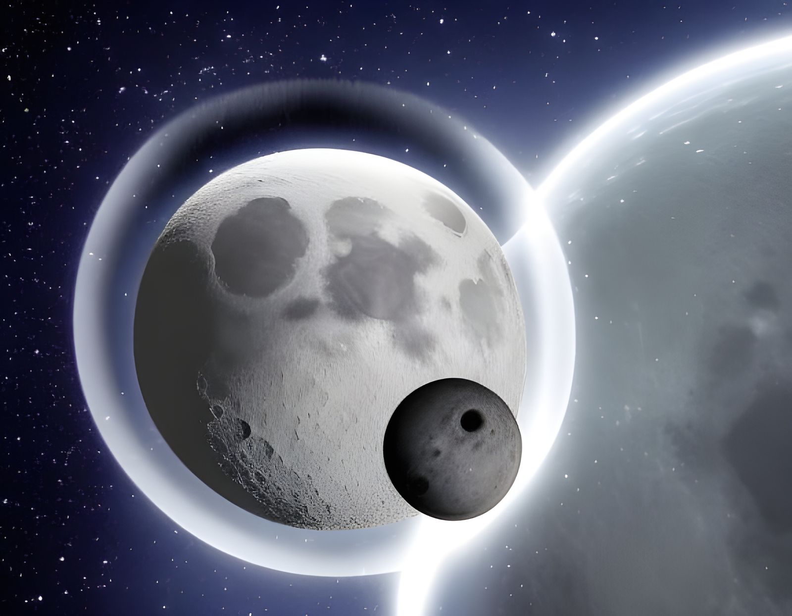 Spaceship Orbiting Planet and Moon in Starry Sky