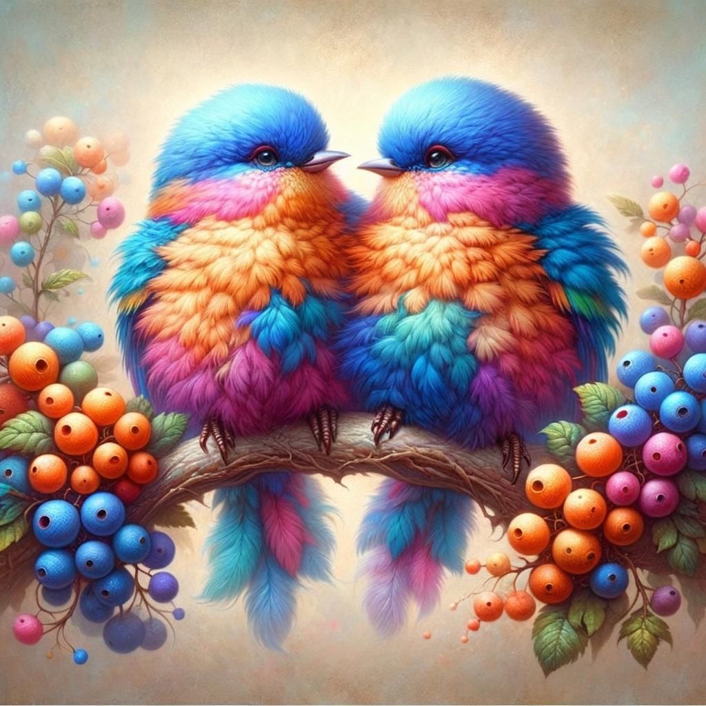 Vibrant Birds in Love: A Colorful Avian Pair