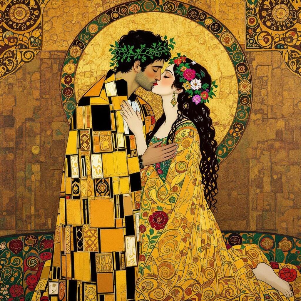 Couple Kissing in Klimt Style with Gold and Floral Details