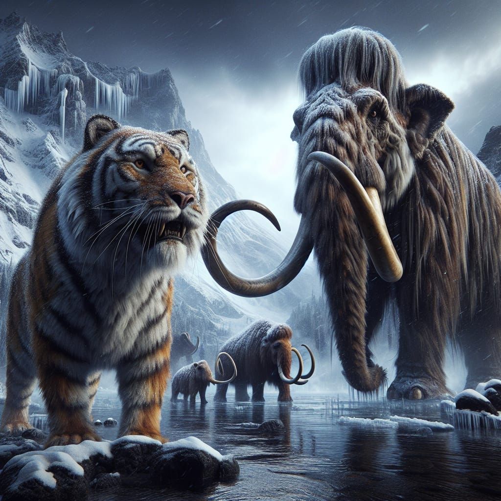 Hyperrealistic Mammoth and Sabertooth Tiger in HDR