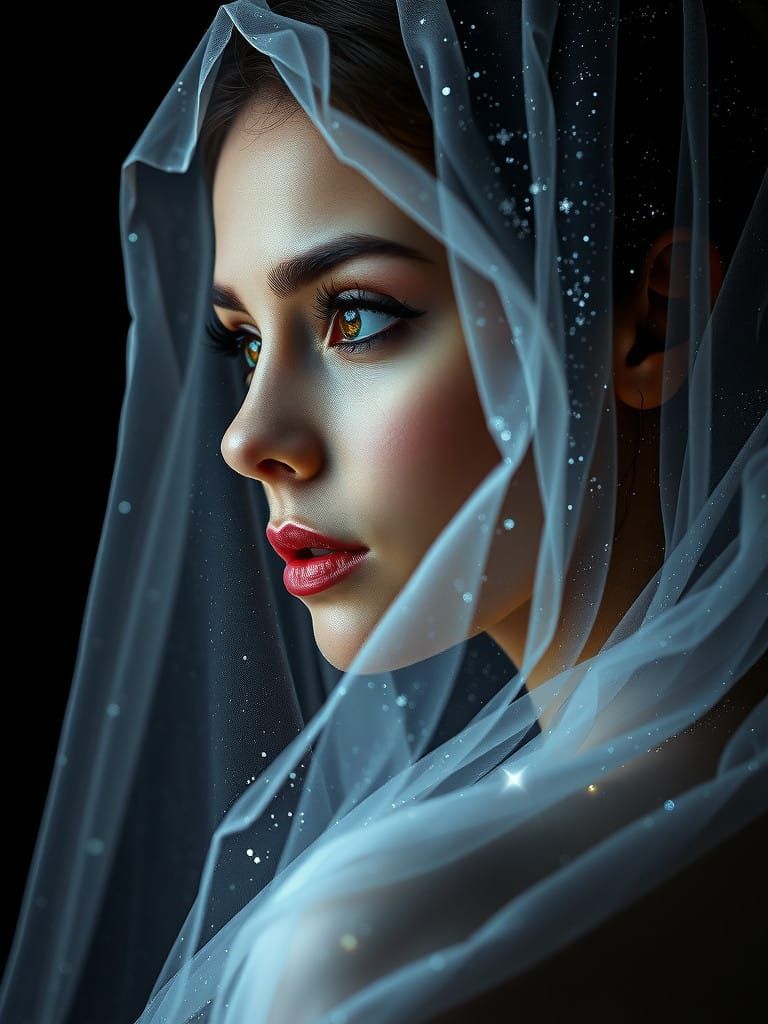 Ethereal Portrait of a Veiled Woman in Soft Moonlit Glow