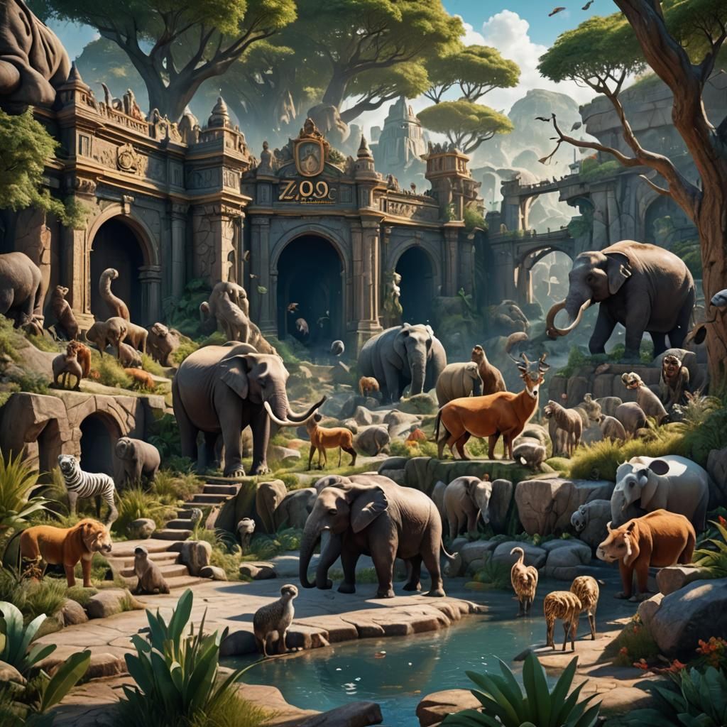 Vibrant Zoo Animals in Detailed Matte Painting