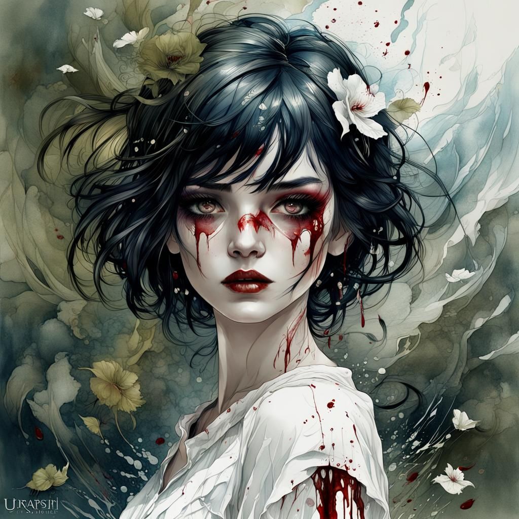 Woman with Bloody Tears in Pen and Ink Style