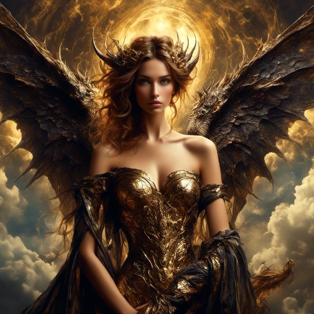 Warrior Woman with Dragon, Surrealist Digital Art