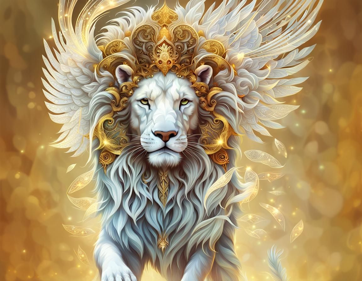 Angelic White Lion with Golden Wings