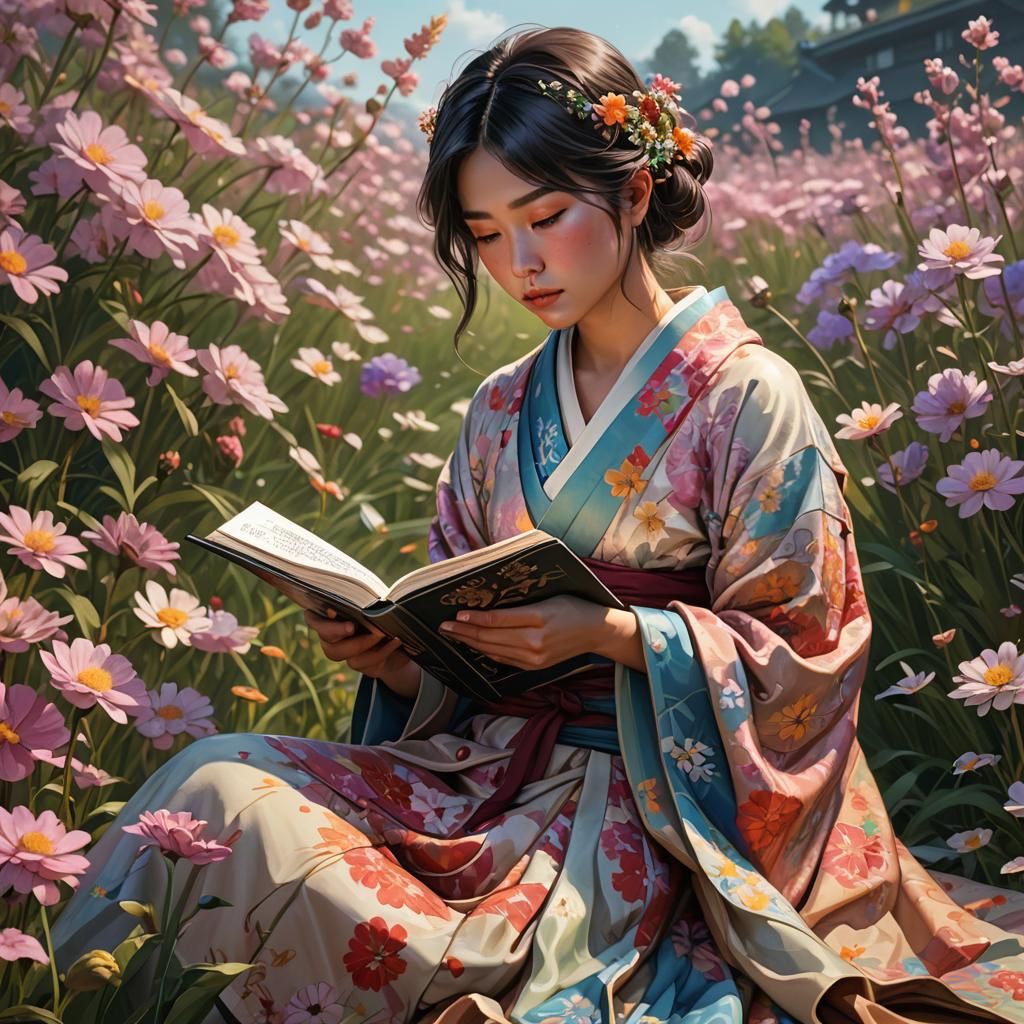 Japanese Woman Reading in Flower Field, Detailed Portrait