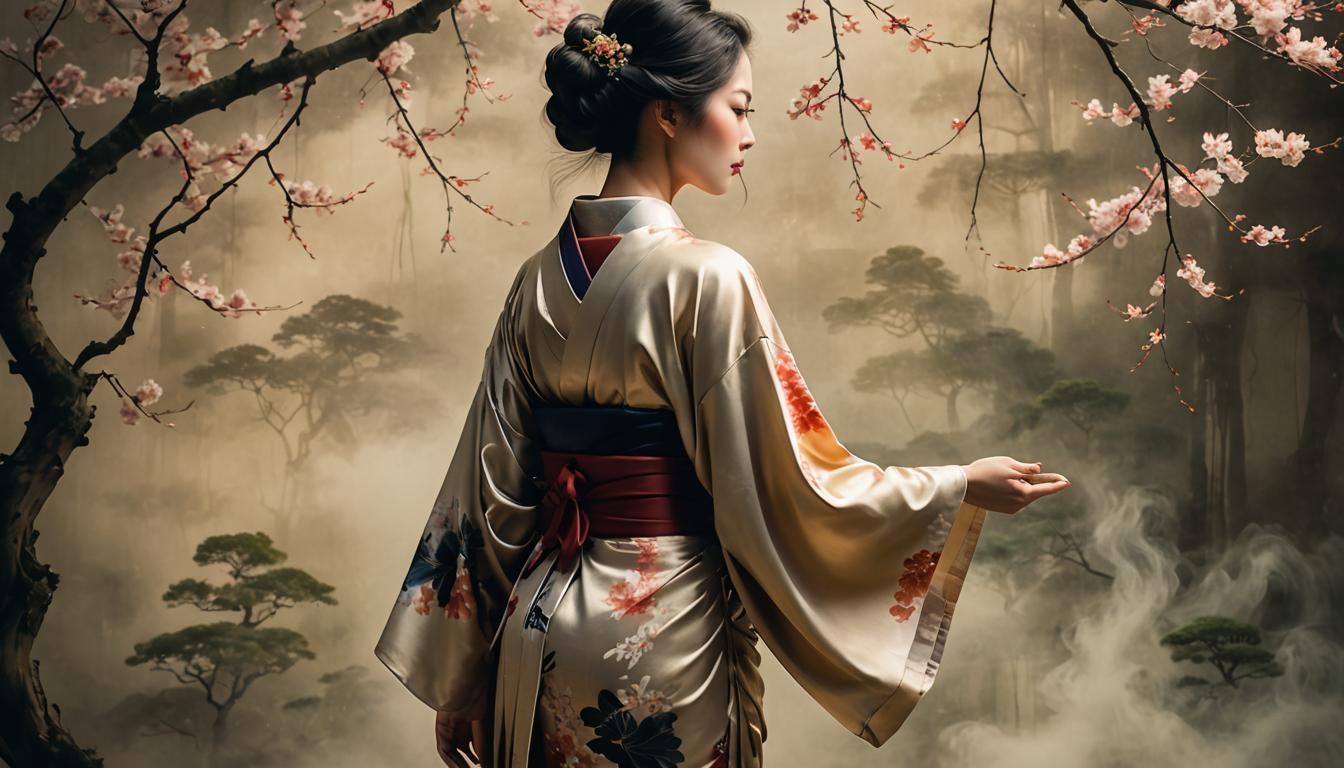 Graceful Woman in Kimono: Tonalism Photography