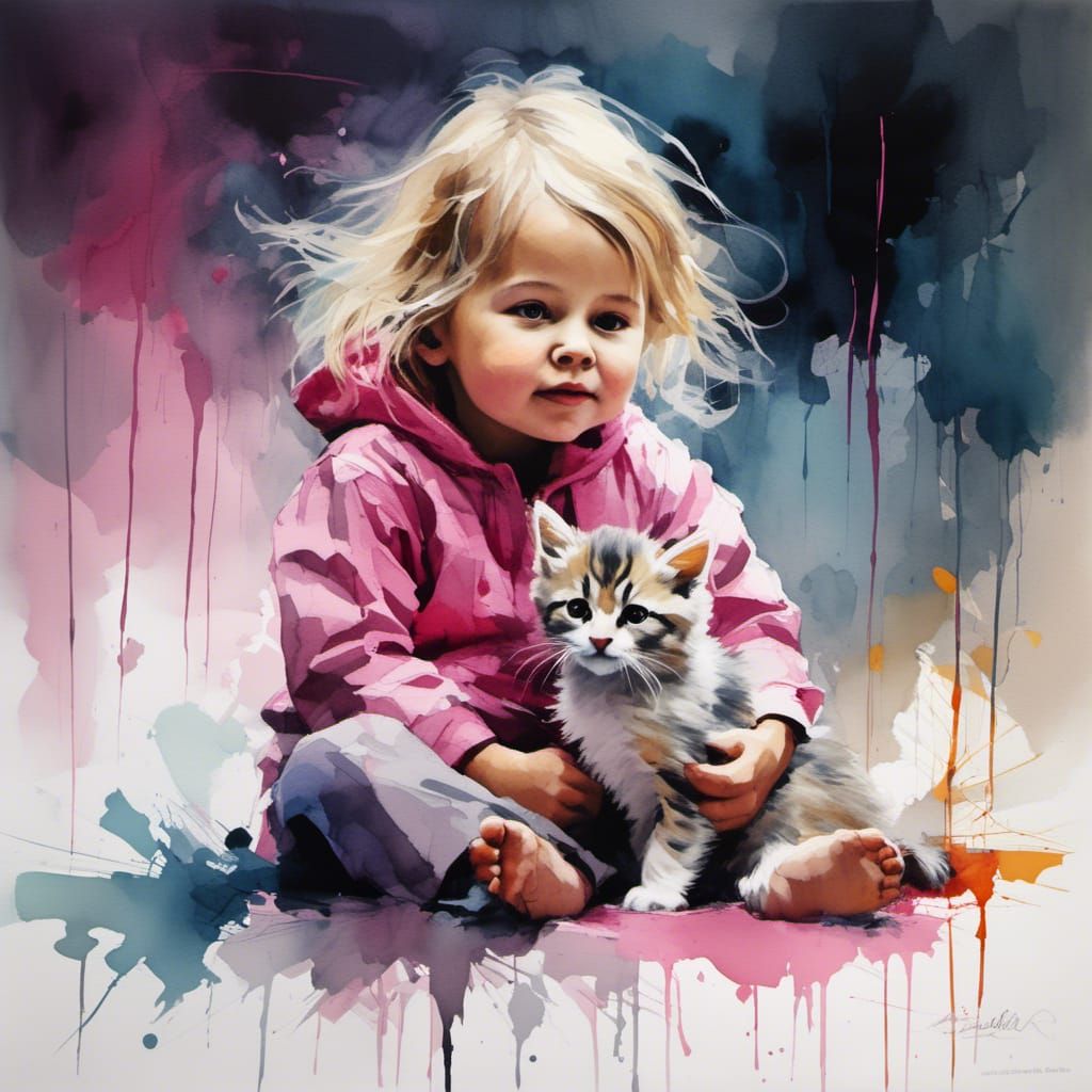 Watercolor: Girl, Kitten, and Yorkie Stretching
