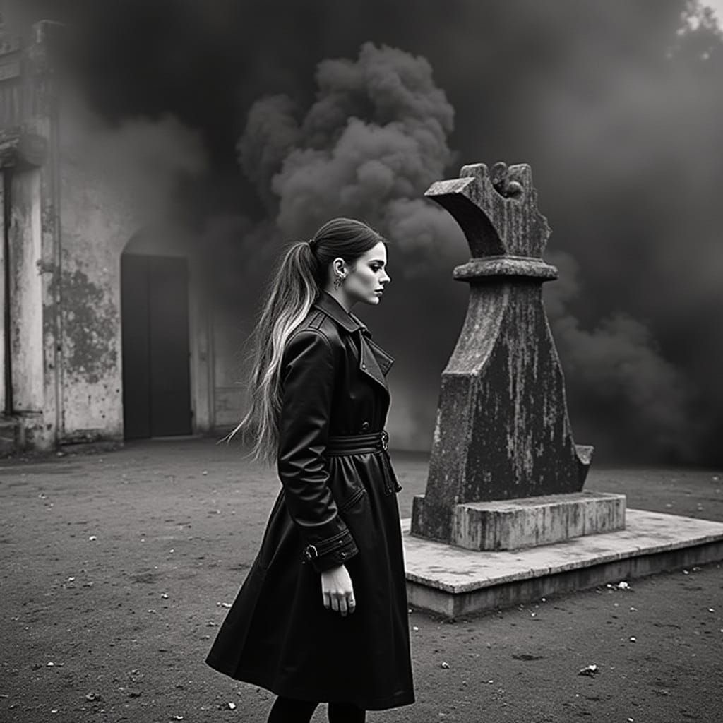 Gothic Model in Smoke, Gritty Black and White Portrait