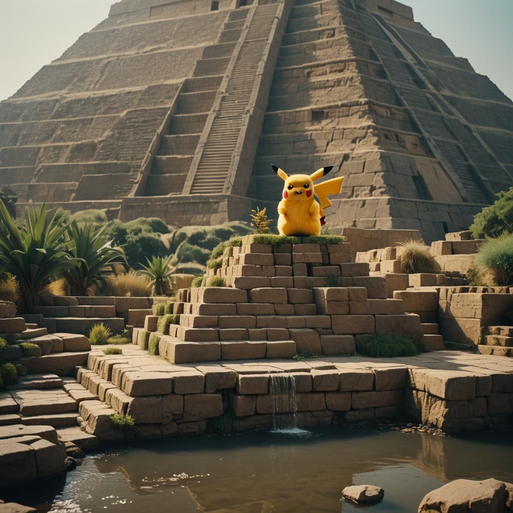Middle Eastern Pikachu Amidst Majestic Ziggurat in Golden Li...