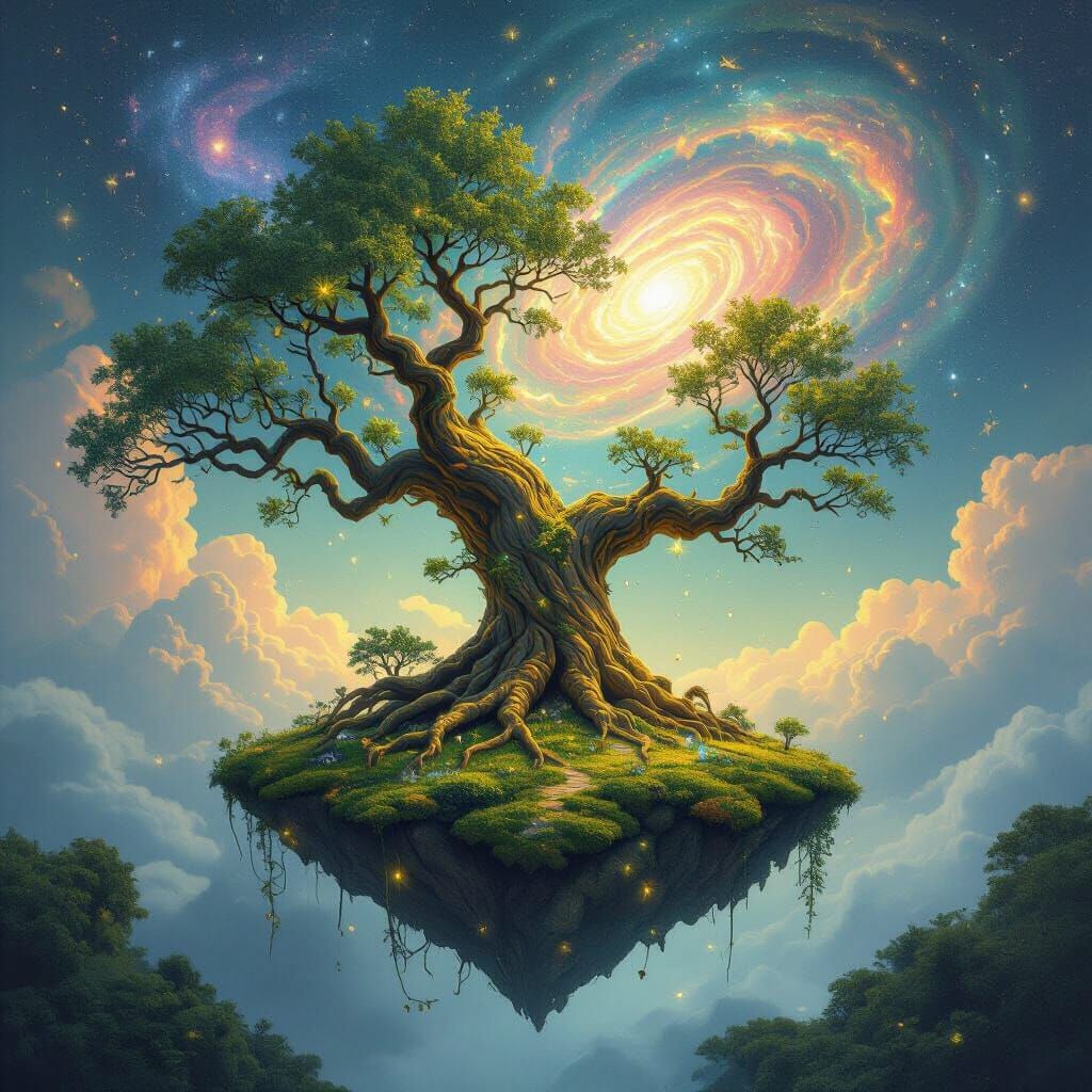 Bioluminescent Tree on Floating Island, Fantasy Art