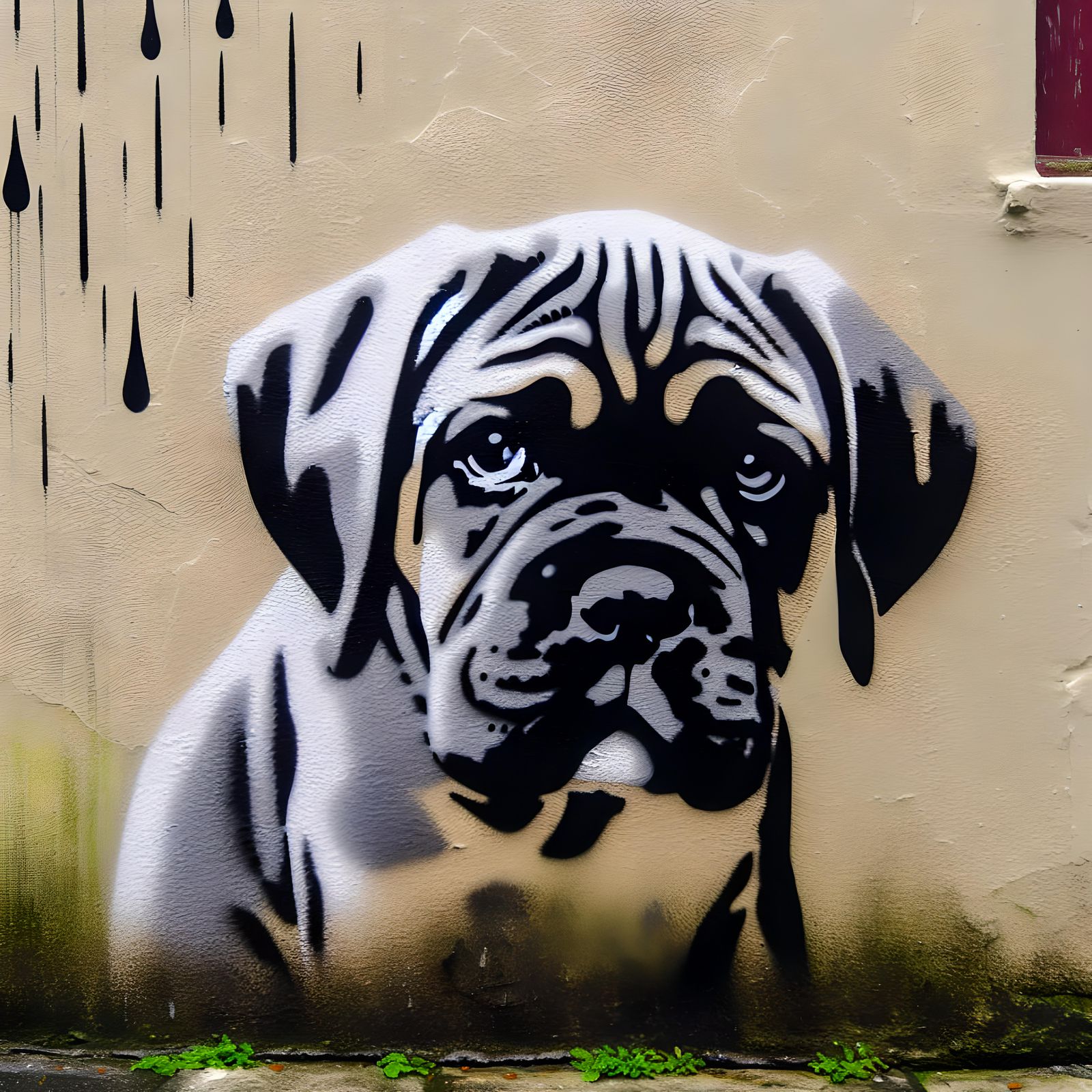 Monochromatic Street Art of Mastiff Puppy in Rain