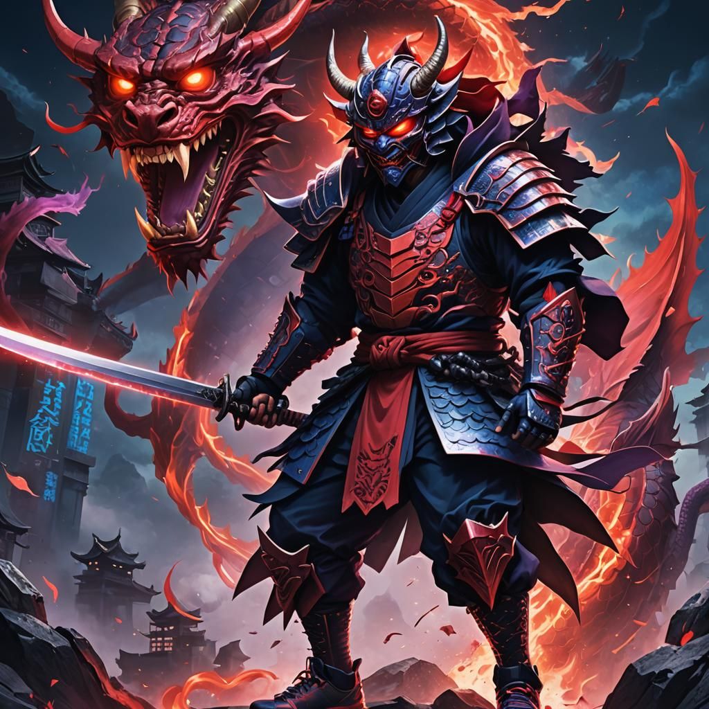 Samurai with Oni Mask and Energy Sword