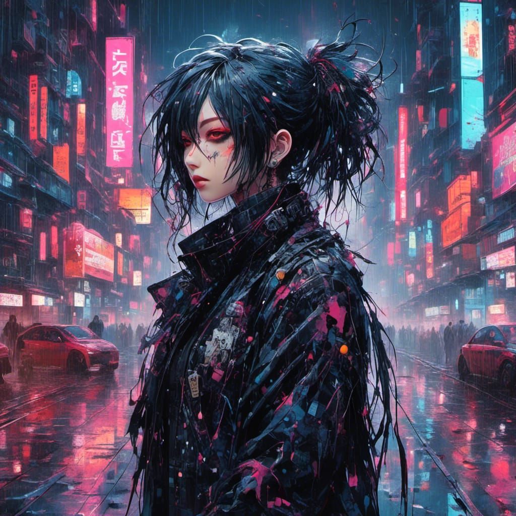Vibrant Cyberpunk Character in Neon Cityscape