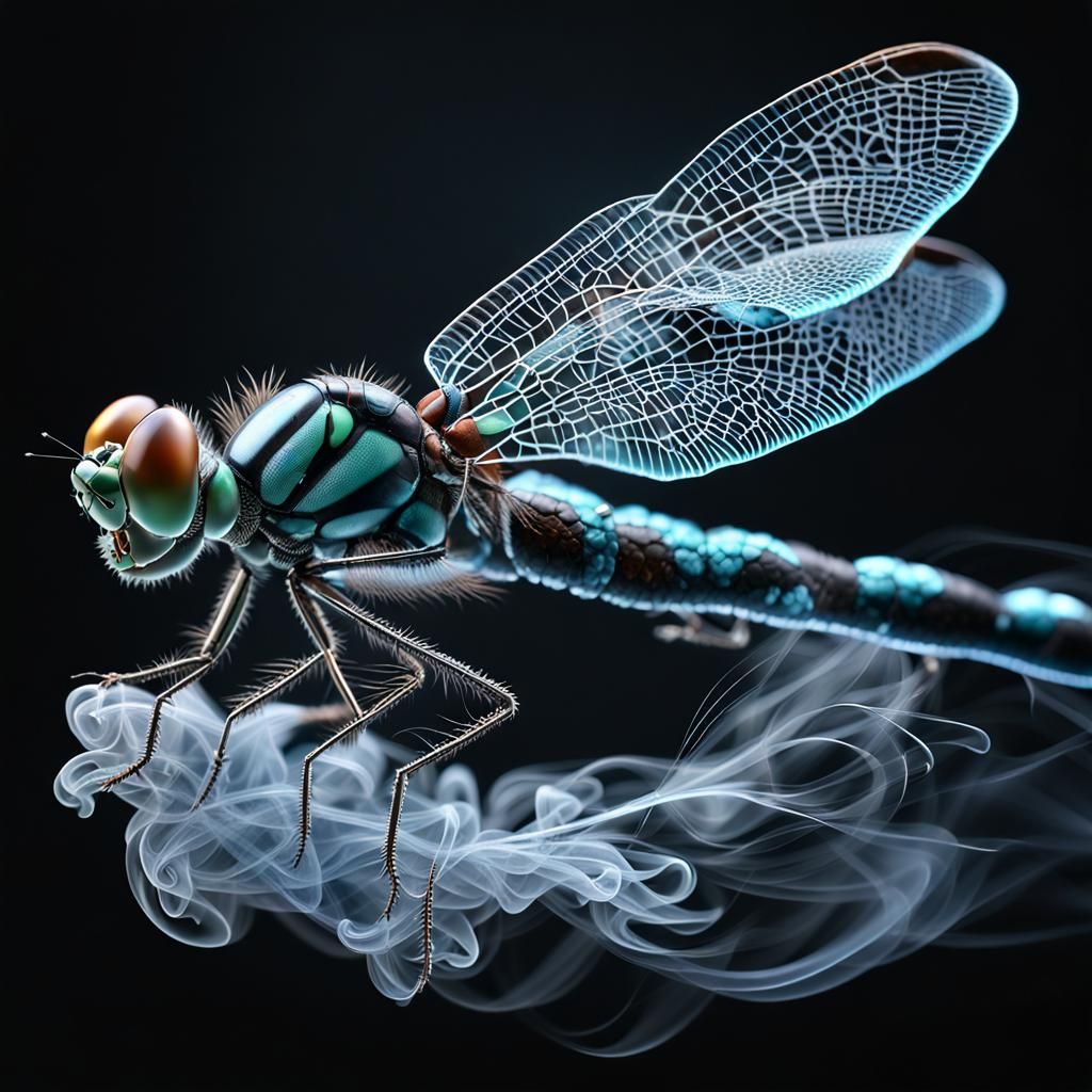 Dragonfly in Smoke: Macro Photography Close-Up