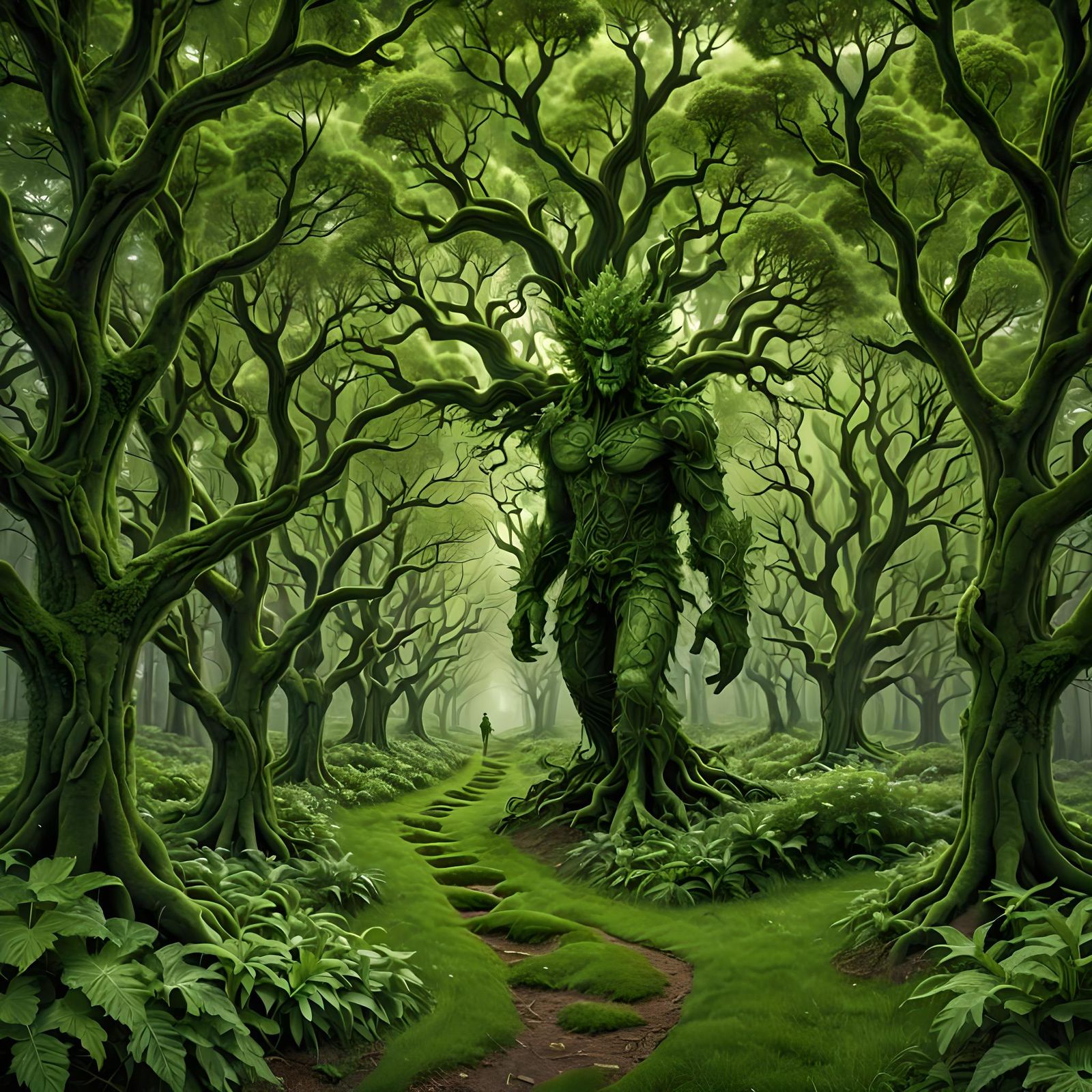 Monochromatic Green Man in Surreal Forest