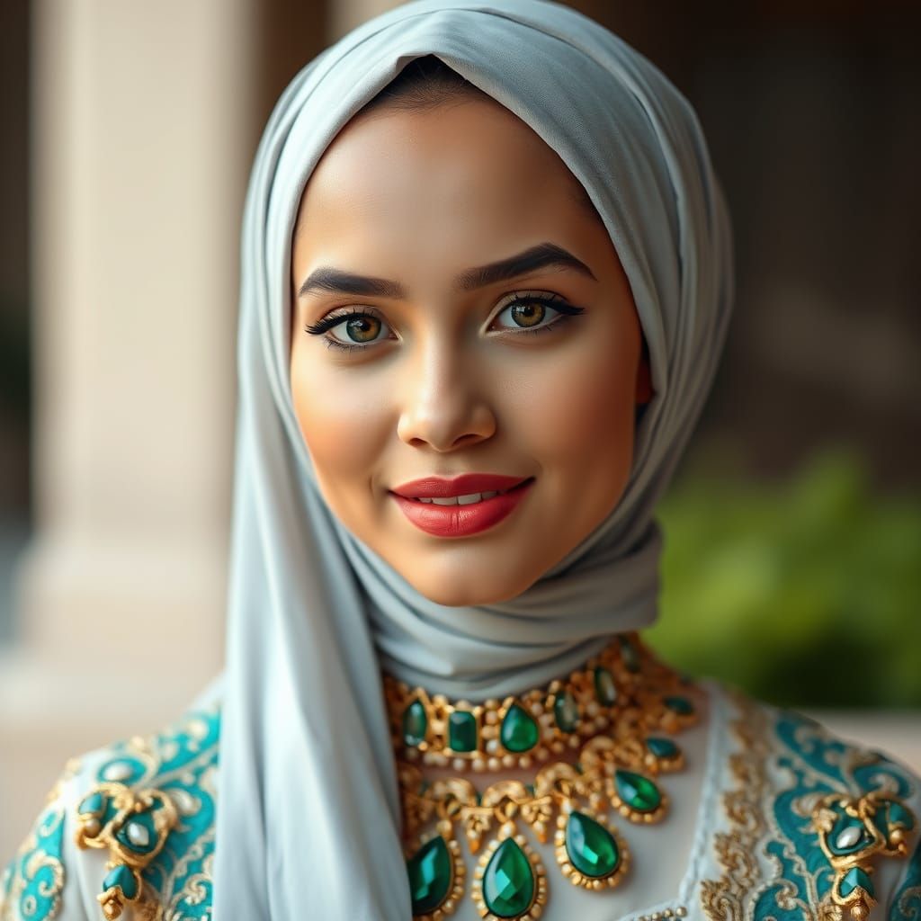 Elegant Woman in Hijab, Hyperrealistic Vogue Style
