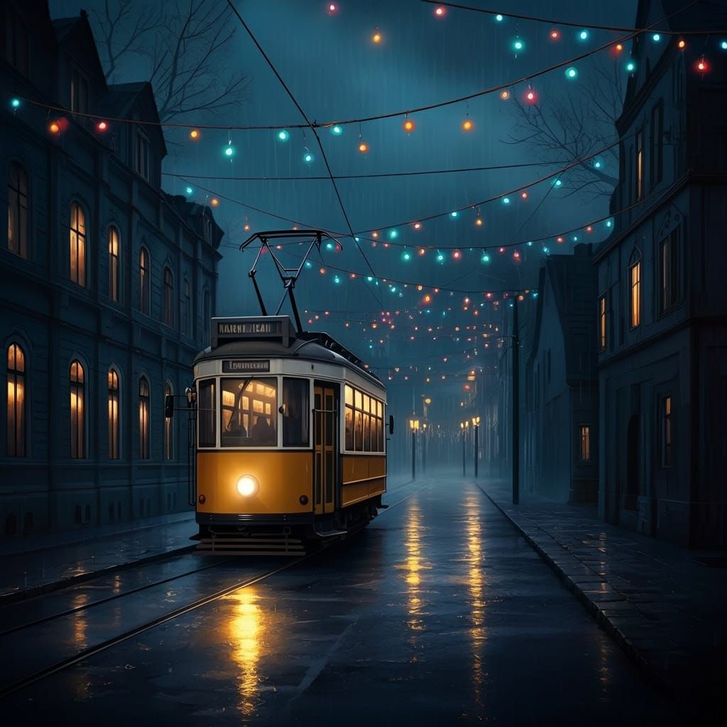 Mysterious Nighttime Tram Scene in Gothic Cityscape