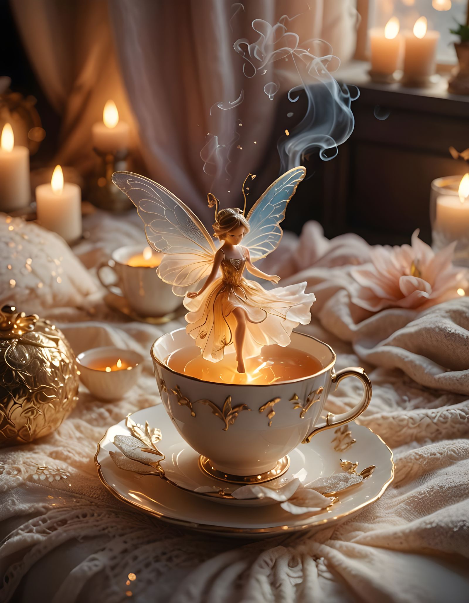 Magical Fairy Rising from Teacup in Candlelight