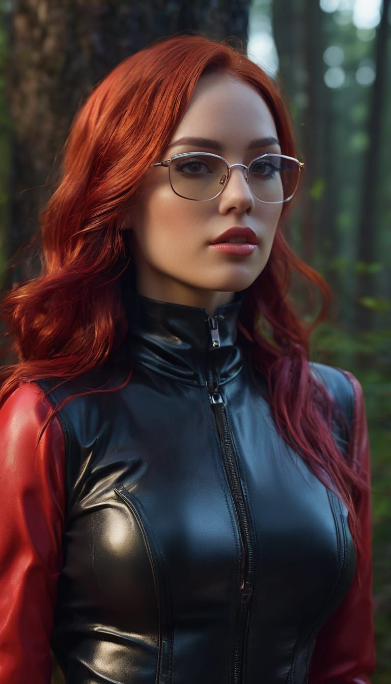 A striking woman with glasses stands confidently in the foreground, exuding a captivating blend of edginess and allure. ...