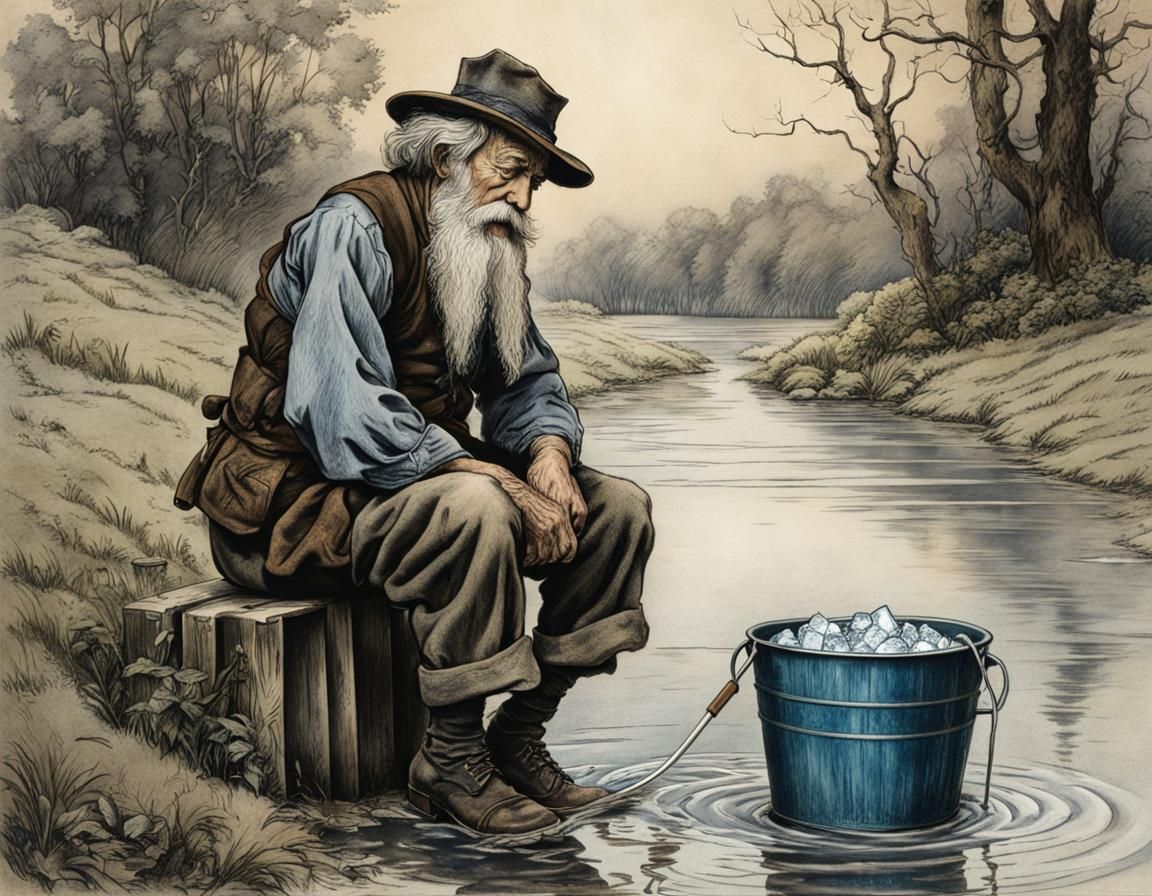 Old man soaking his feet in a bucket of ice water