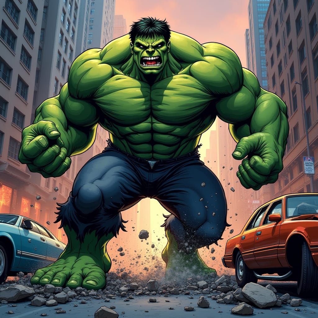 Raging Hulk Smashing Through City Street
