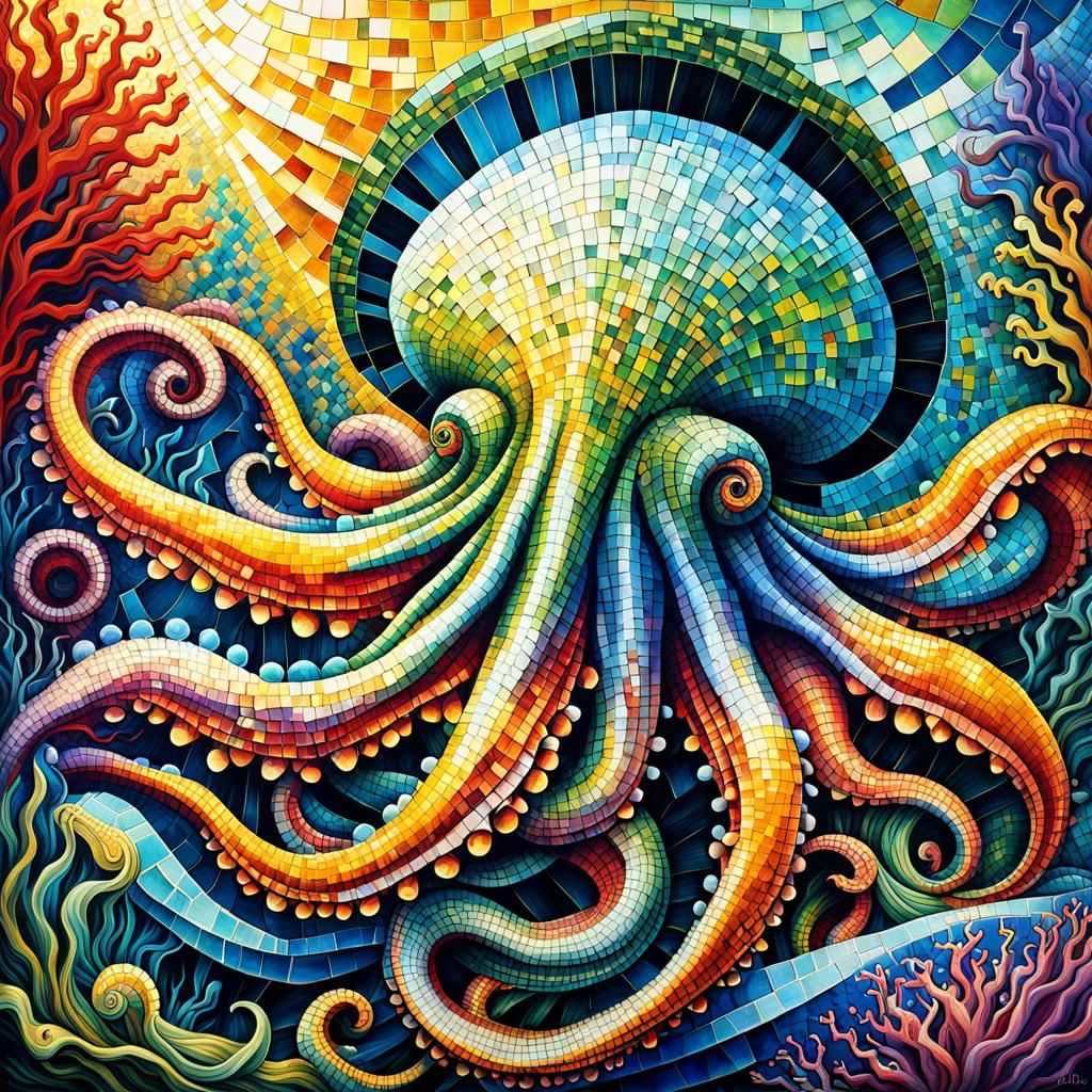 Mosaic Kraken in Underwater Graffiti Art