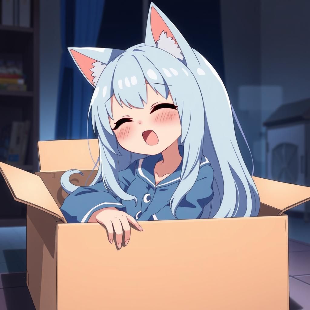 Cute Anime Catgirl in Cardboard Box