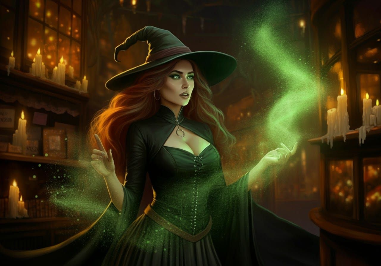 Beautiful Witch Casting Spell with Magical Dust