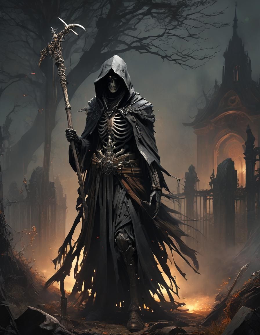 Aetherpunk Reaper in Misty Graveyard: Anime Concept Art