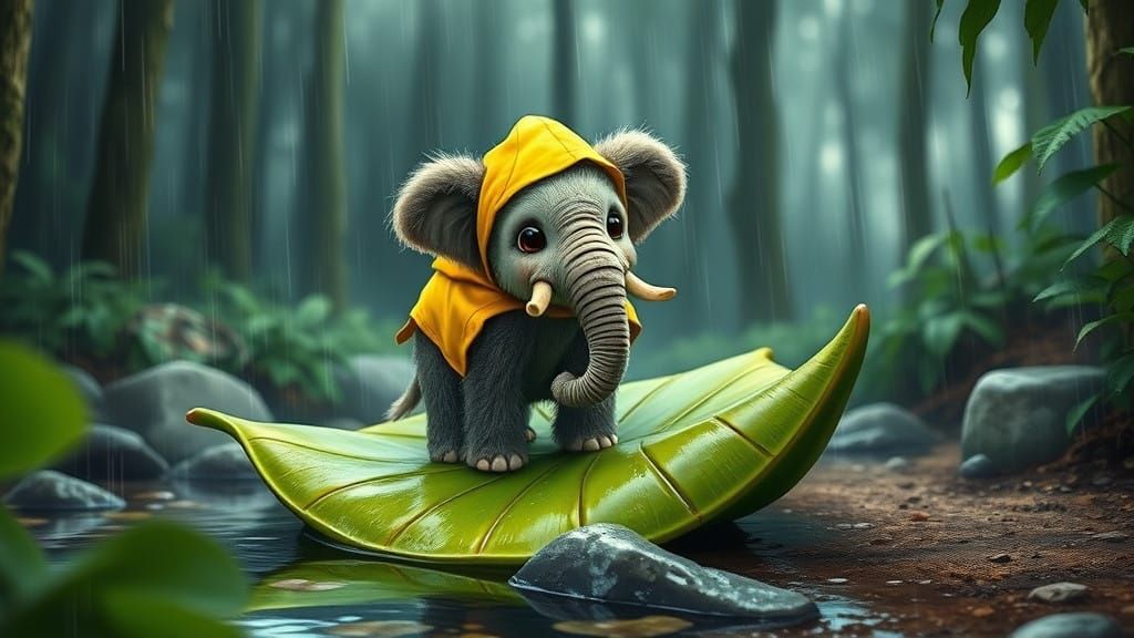 Surreal Forest Encounter with a Fluffy Baby Mammoth