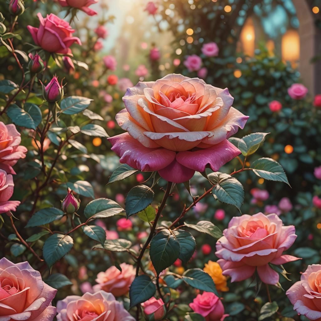 Hyperrealistic Rose in Colorful Garden
