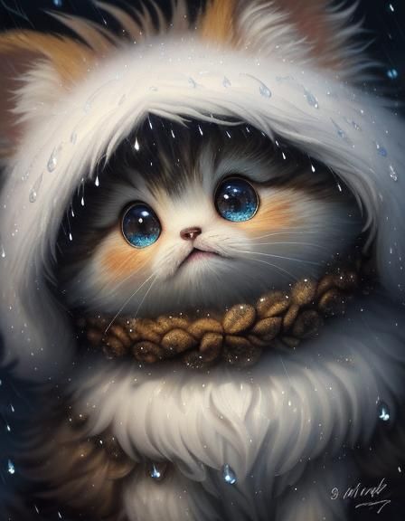 Fluffy Fantasy Creature Plays in Rainy Sunset