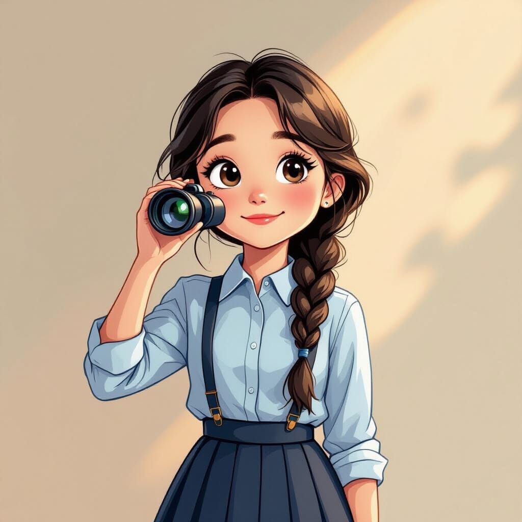 Girl Gazing Through Binoculars: Line Drawing Style