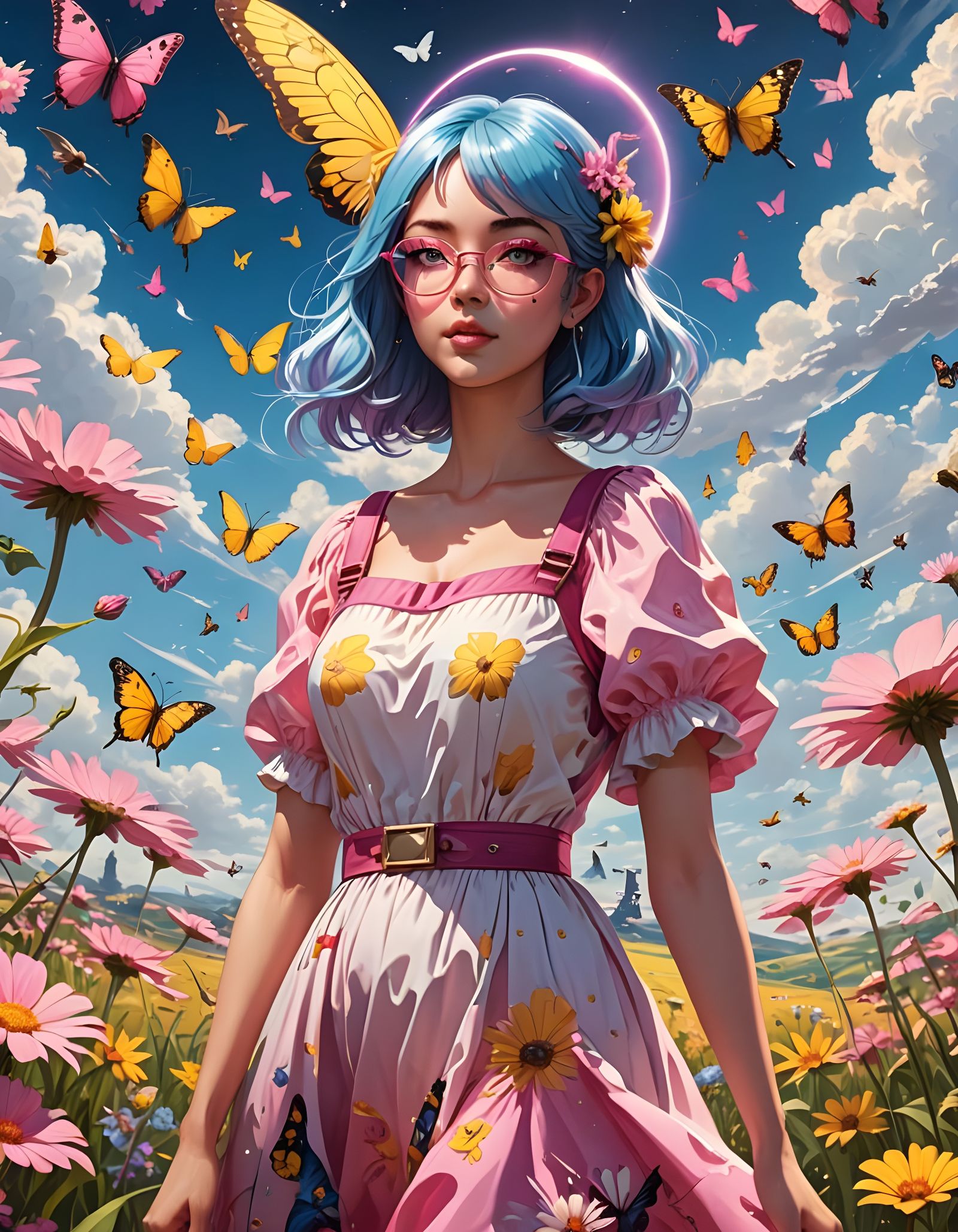 Anime Girl in Flower Field with Spaceship
